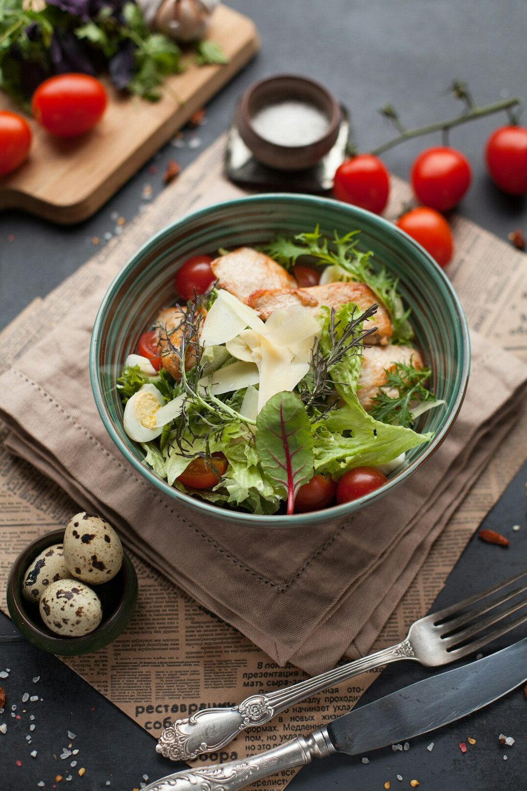 Fresh healthy salad bowl with vegetables on a table