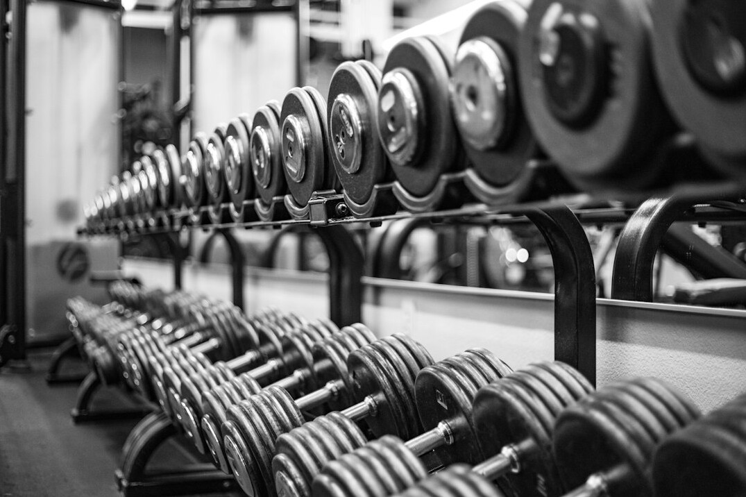 Gym equipment with dumbbells on a rack